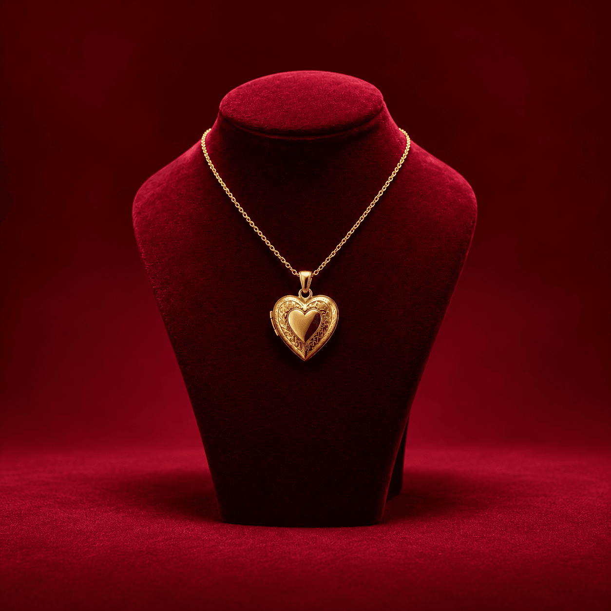A gold heart locket necklace displayed on a red velvet bust.