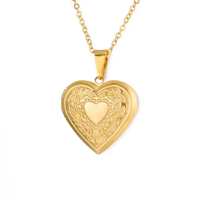 A gold heart locket necklace.