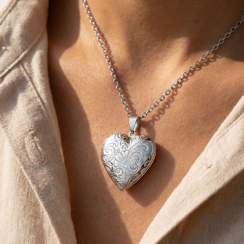 Heart-shaped Locket Floral Design Silver Personalize