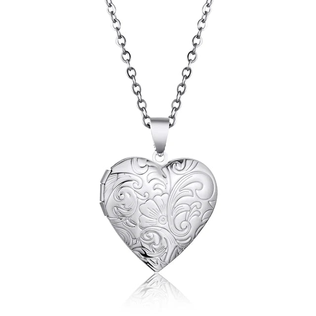 Heart-shaped Locket Floral Design Silver Personalize