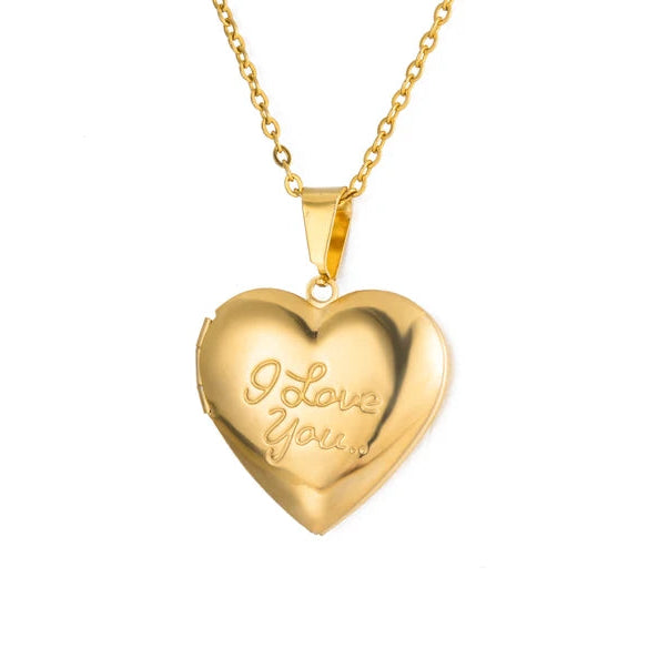 Gold heart-shaped pendant with 'I Love You' engraving on a gold chain against a white background
