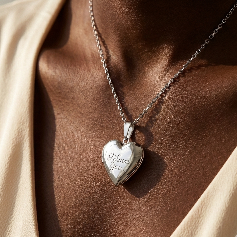 Heart-shaped silver locket with 'I love you' engraving on a person wearing a beige garment.