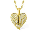 Gold heart-shaped pendant with diamond accents on a white background
