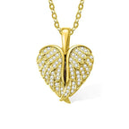Gold heart-shaped pendant with diamond accents on a white background