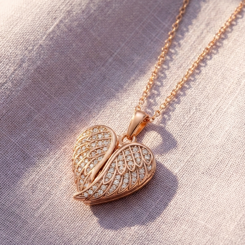 Rose gold necklace with a leaf-shaped pendant on a textured fabric background