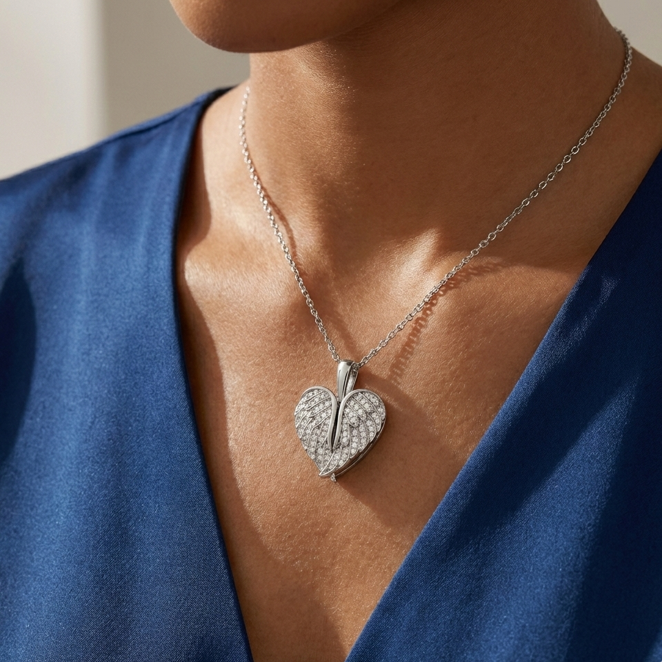 Heart-shaped silver necklace with a blue top worn by a person