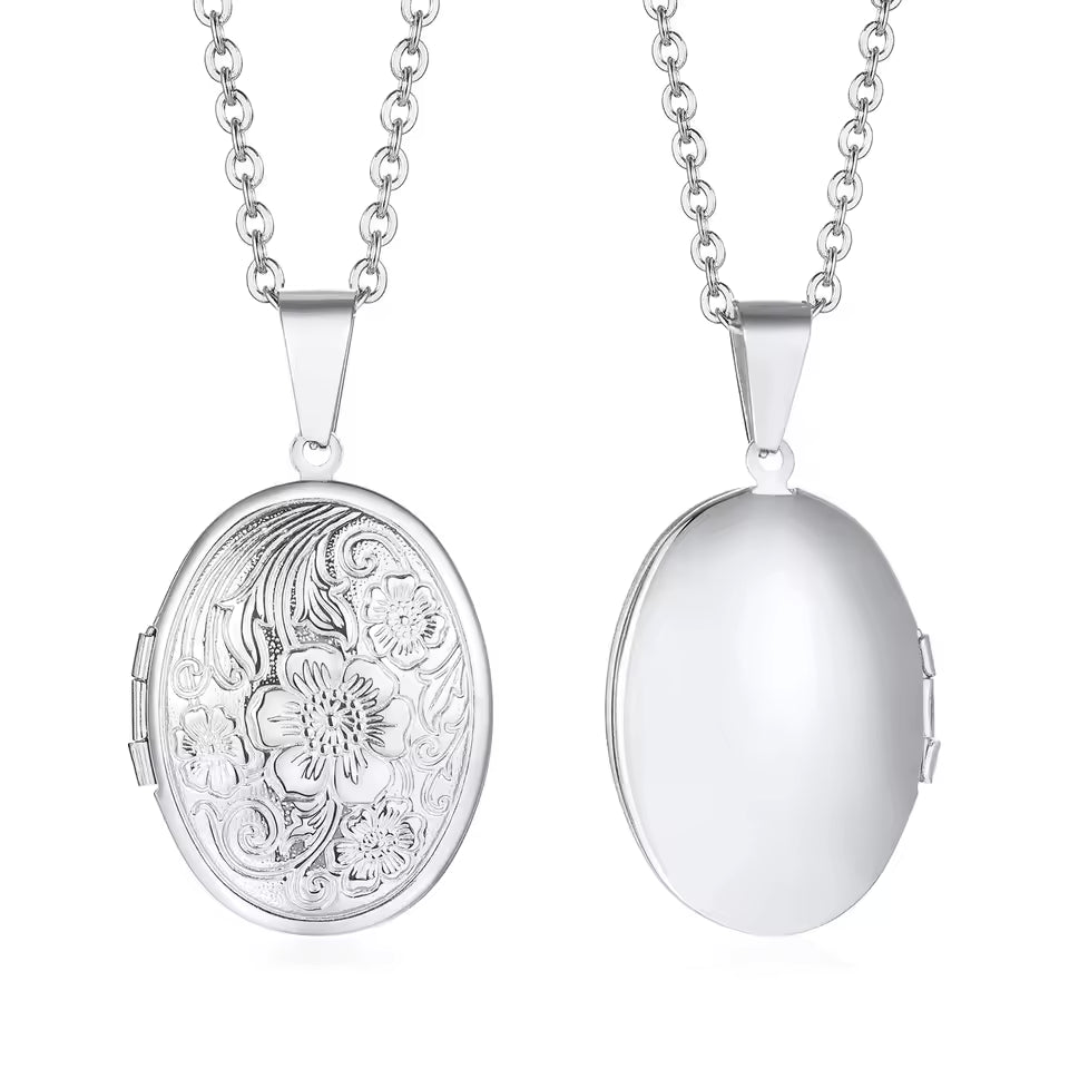 Flower Oval-shaped Locket Silver Personalize