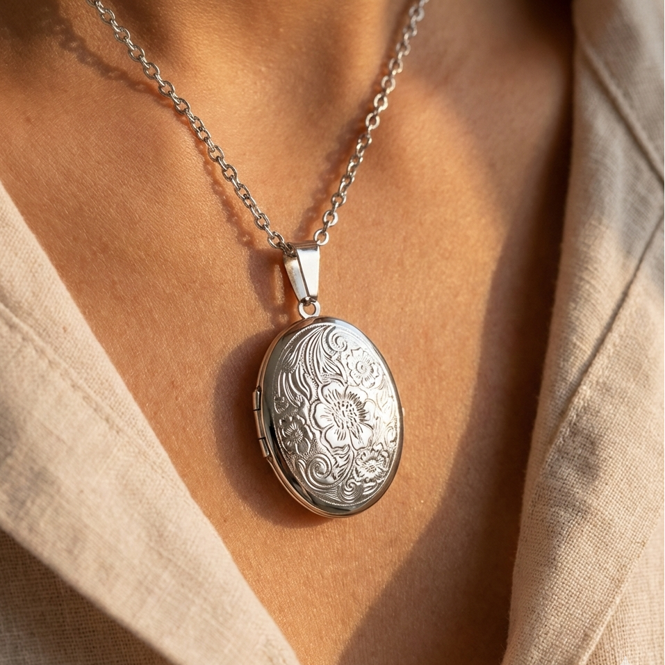 Silver locket necklace on a person wearing a beige top